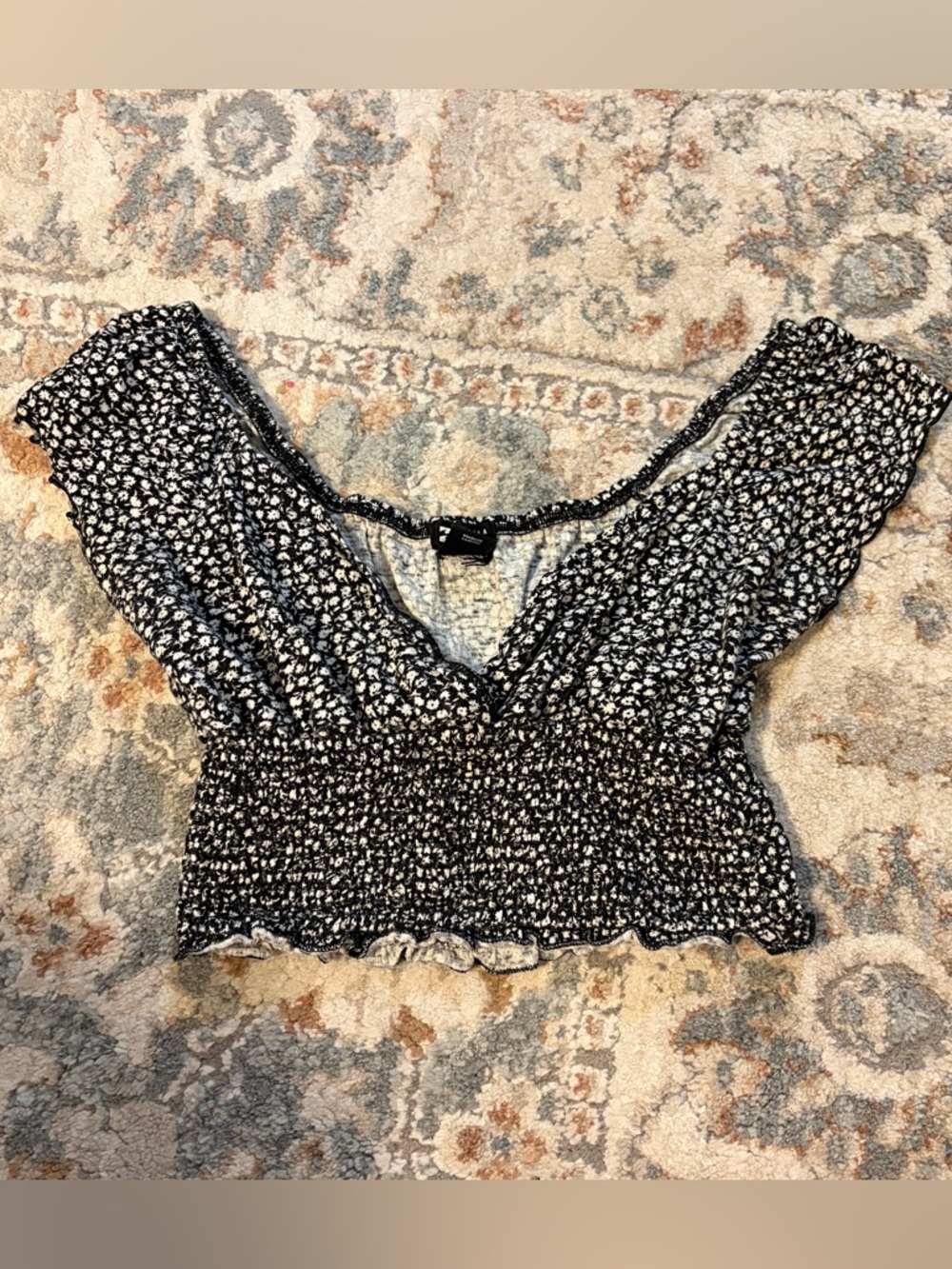 Billabong Black and White Floral Smocked Crop Top